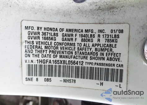2008 Honda Civic Lx from USA, damaged, VIN 1HGFA165X8L056412